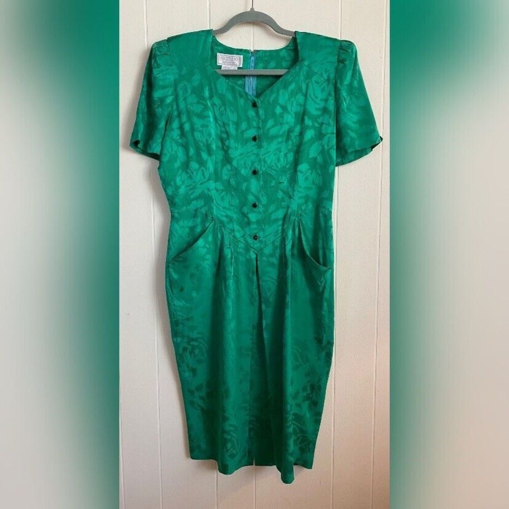 Silk Studio Dress Women’s 14 Green Silk Embossed Midi Pockets Vintage